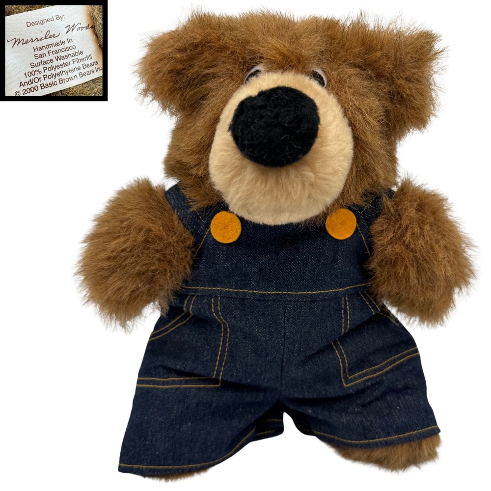 Basic Brown Bear Factory Plush Teddy Bear Denim Overalls Merrilee Woods Vtg 2000